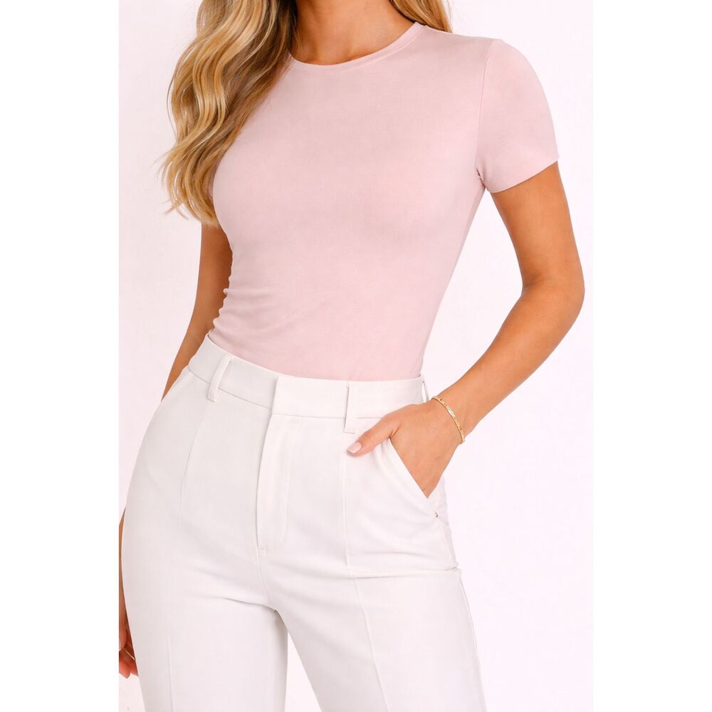 Express Body Contour Short Sleeve Tee Blush Pink Crew Neck Sculpting Stretch XL